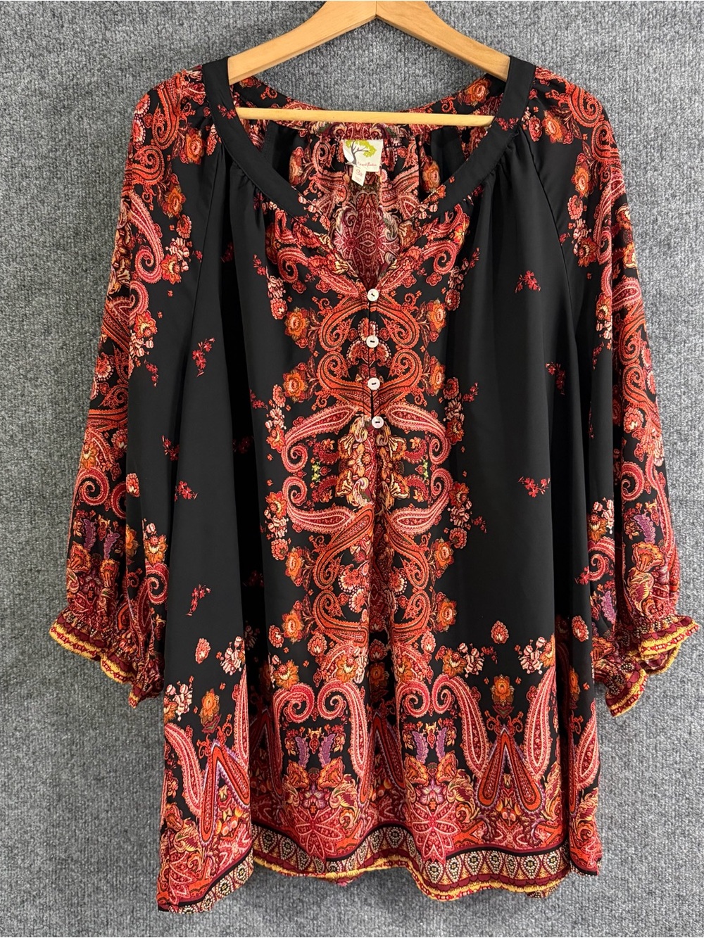 Fig & Flower Womens 3X Tunic Blouse Paisley Rust Orange Black Button Peasant Top